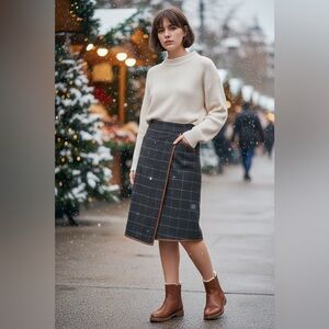 Chic Plaid A-Line Skirt with Brown Trim